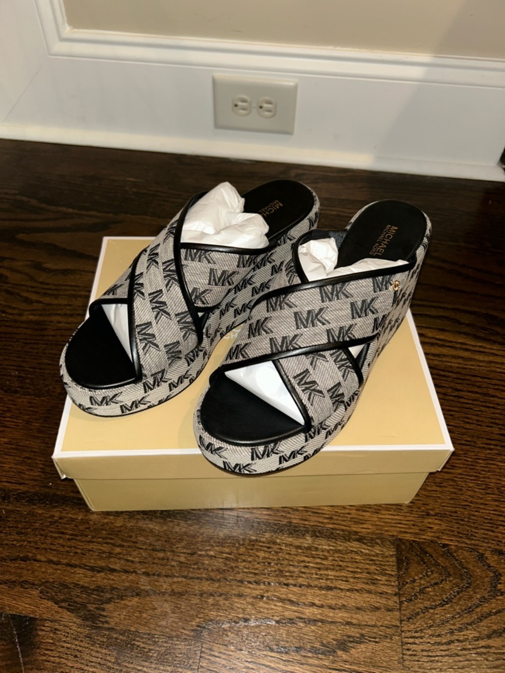 Michael Kors Monogram Crisscross Logo Wedge Sandals